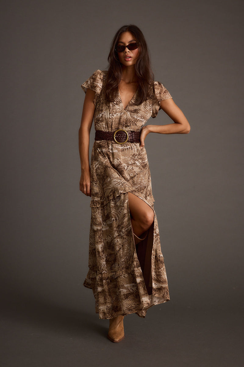 Sundance Mocha Printed Maxi Dress styled in a complete look from an alternate angle.