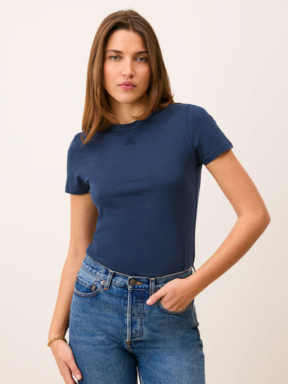 AURELIO navy blue embroidered logo cotton T-shirt, front view by Rouje
