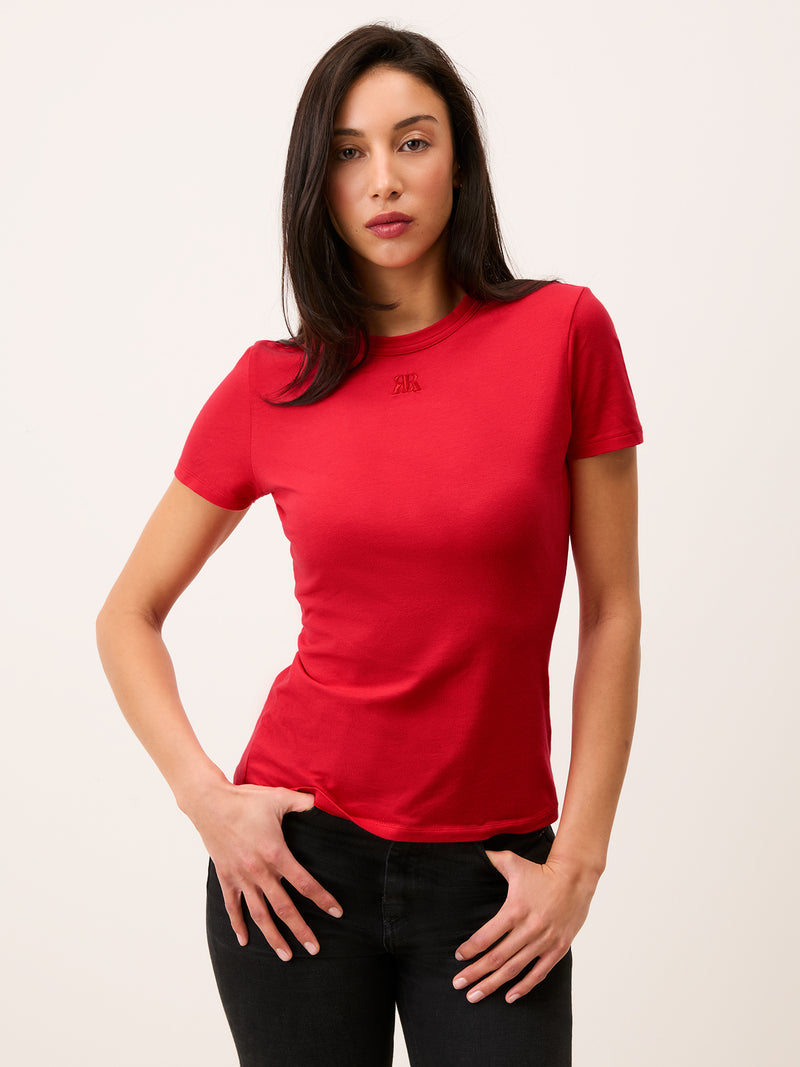 AURELIO red embroidered logo cotton T-shirt, front view by Rouje