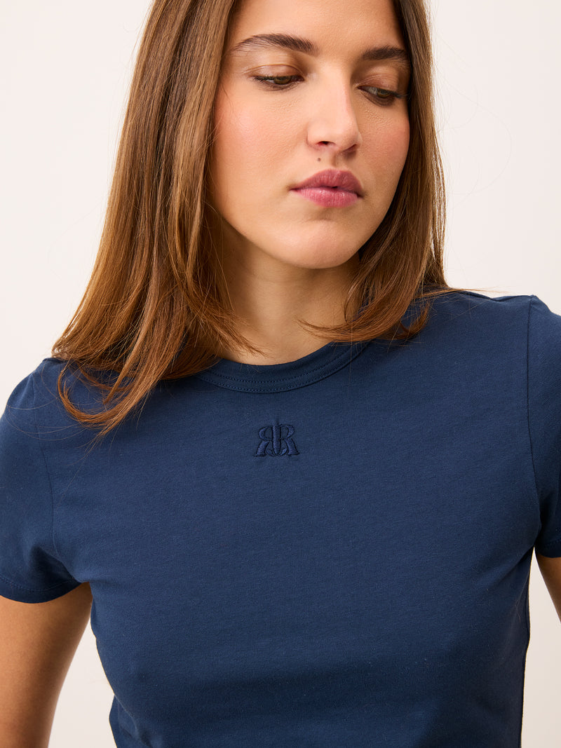 AURELIO navy blue embroidered T-shirt worn on a model by Rouje