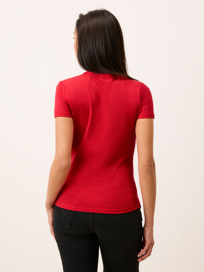 AURELIO red embroidered logo T-shirt, back view by Rouje