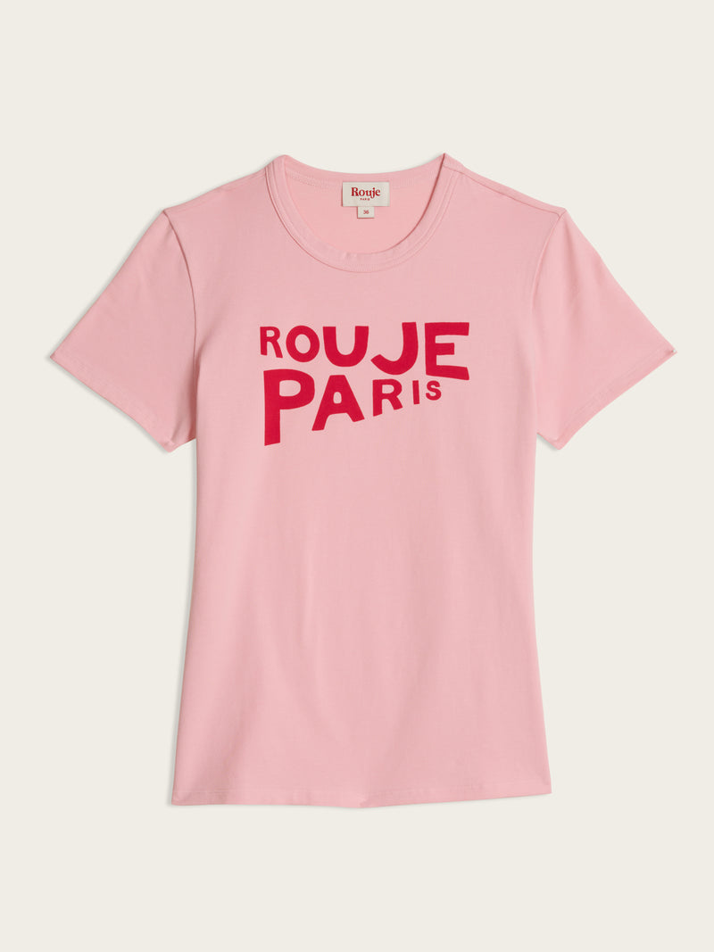 AURELIO pink Rouje Paris logo cotton T-shirt, flat packshot by Rouje
