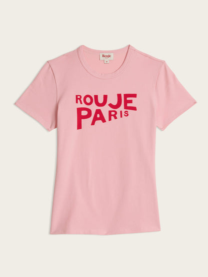 AURELIO pink Rouje Paris logo cotton T-shirt, flat packshot by Rouje