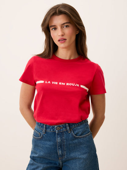 DOLLY T-shirt with "La Vie en Rouge" print, front view, red cotton tee by Rouje
