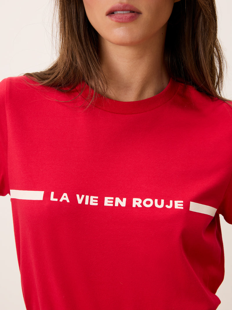 DOLLY T-shirt by Rouje, side and back view, short-sleeve red cotton tee with graphic print