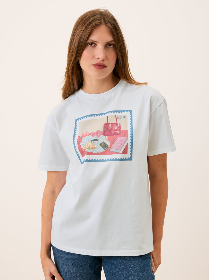 EDOUARD white screen-printed T-shirt worn on a model by Rouje