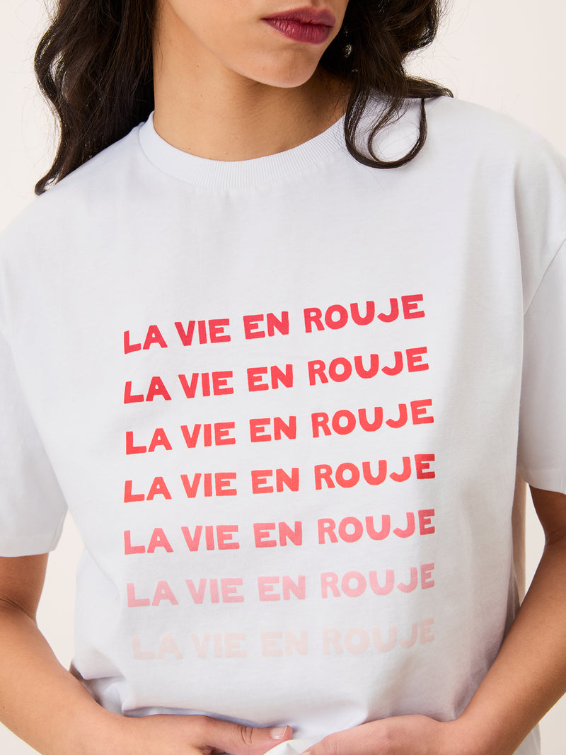 EDOUARD white La Vie en Rouje print T-shirt, back view by Rouje