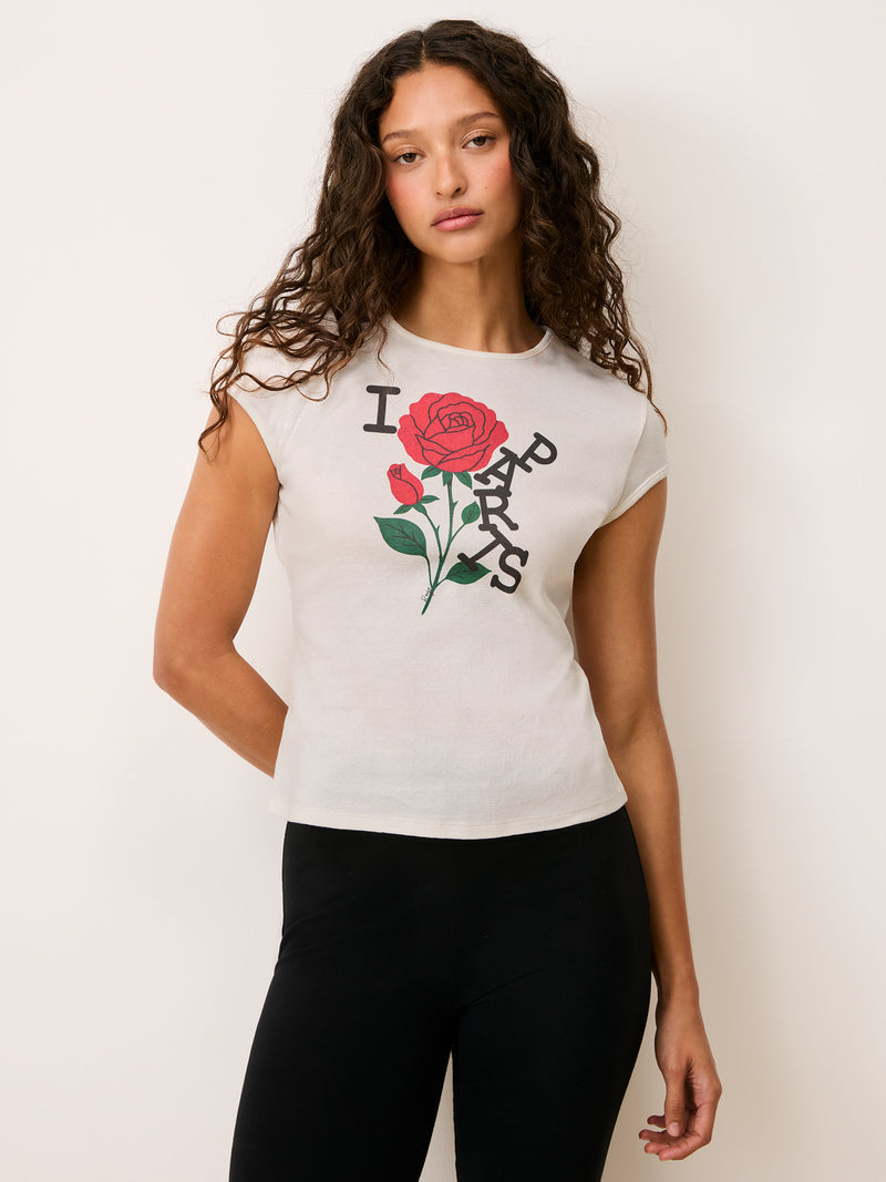 Fergus white printed T-shirt worn by a model, front view