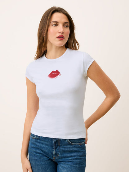 FERGUS white T-shirt with Une touche de Rouje mouth print, front view by Rouje