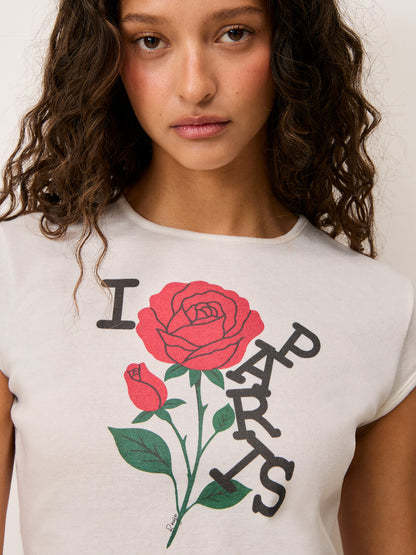 Close-up of the print on the Fergus white T-shirt