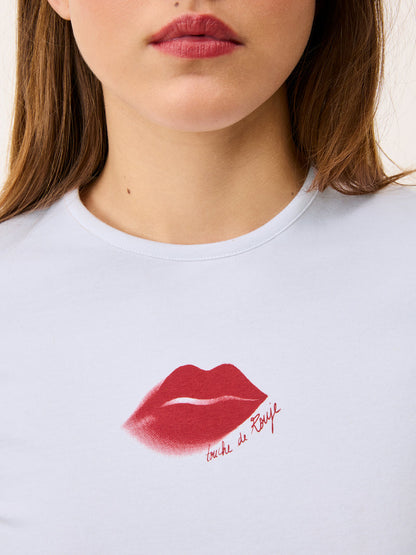 FERGUS white T-shirt, detail of mouth print by Rouje