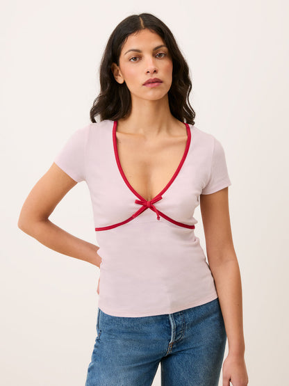 KARENE pink V-neck short-sleeve T-shirt with contrast trim, front view by Rouje