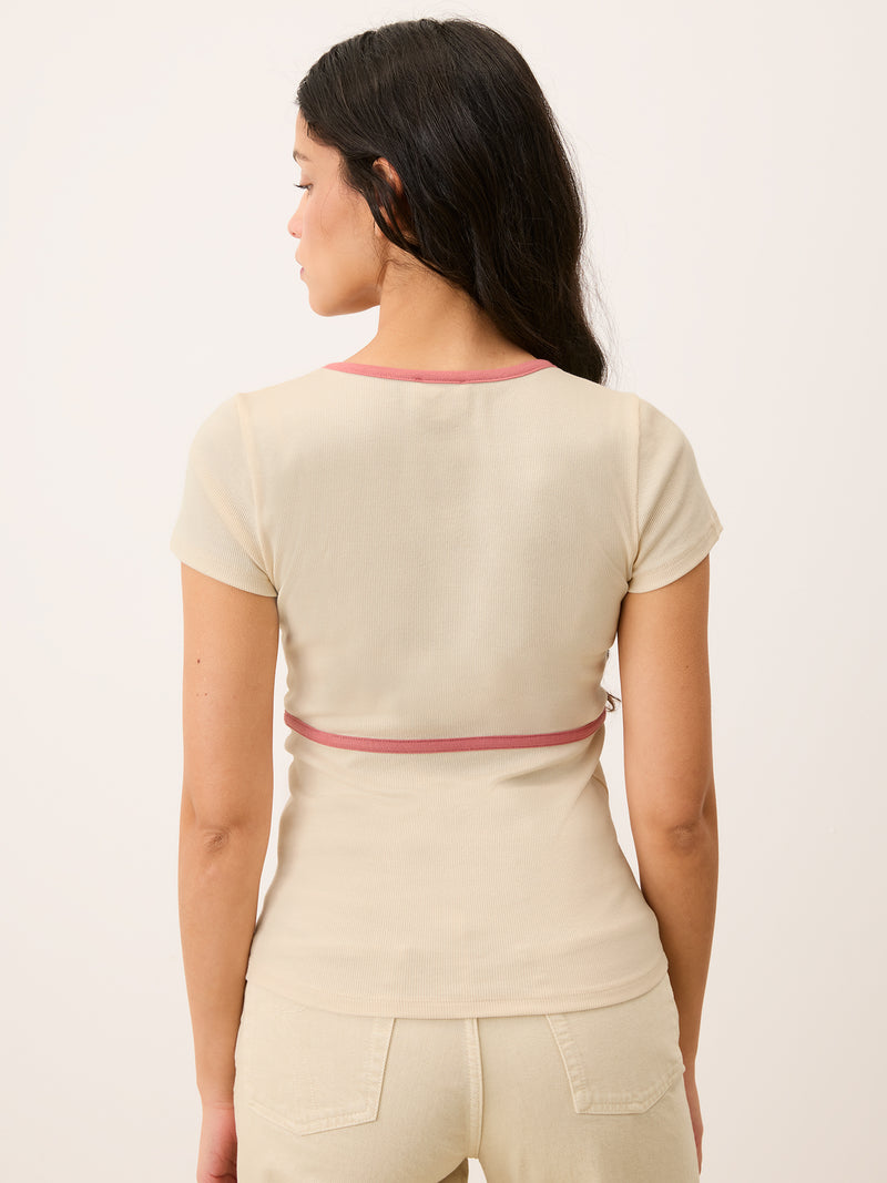 KARENE ecru V-neck T-shirt, back view by Rouje