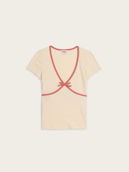 KARENE ecru V-neck short-sleeve T-shirt, flat packshot by Rouje