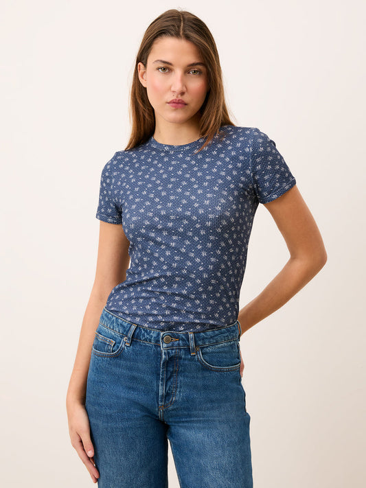 MARSALI Arlesienne navy floral ribbed T-shirt, front view by Rouje