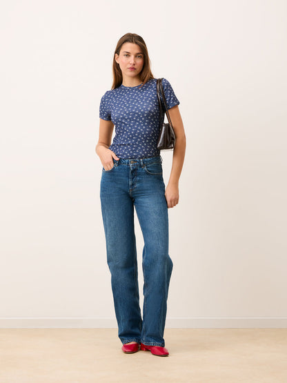 MARSALI navy floral ribbed T-shirt worn on a model by Rouje