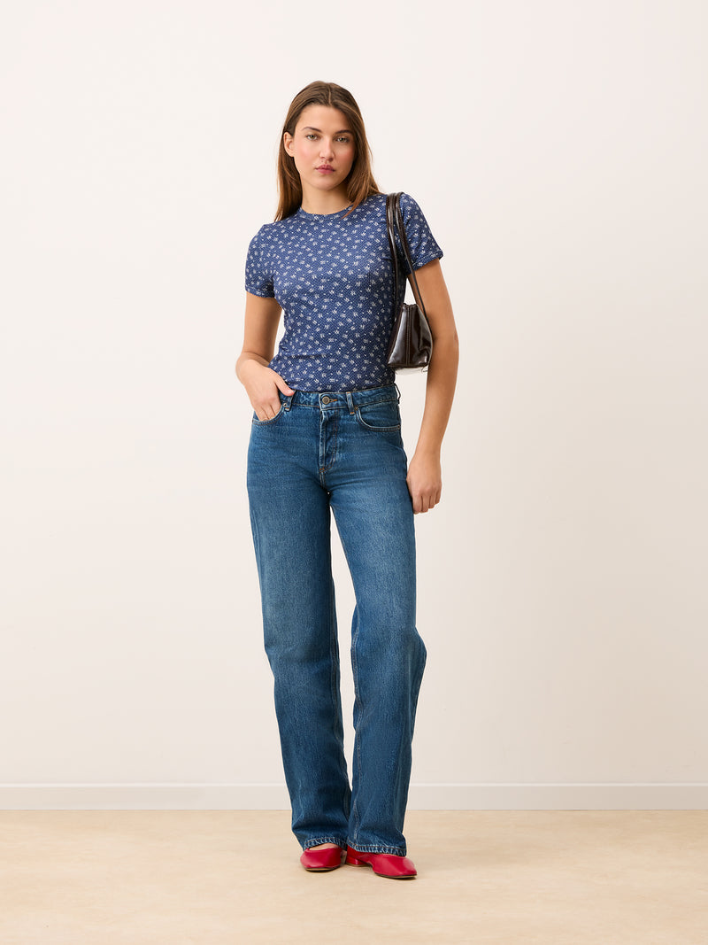 MARSALI navy floral ribbed T-shirt worn on a model by Rouje