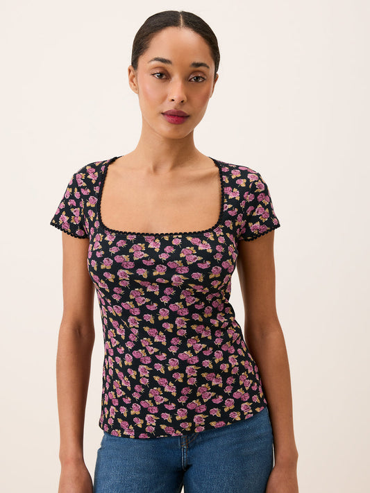SIAM black Parisian Beauty floral square-neck mini-rib T-shirt, front view by Rouje