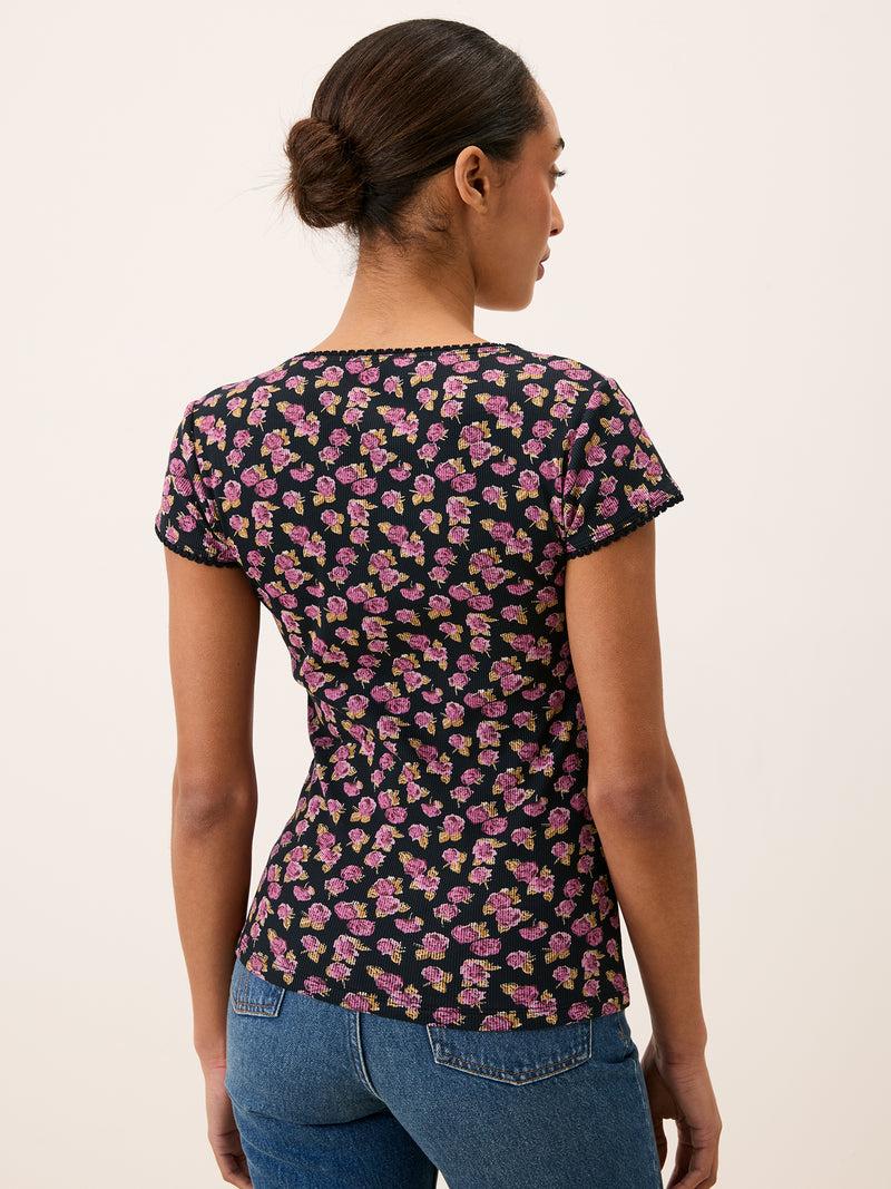 SIAM black floral square-neck T-shirt, back view by Rouje