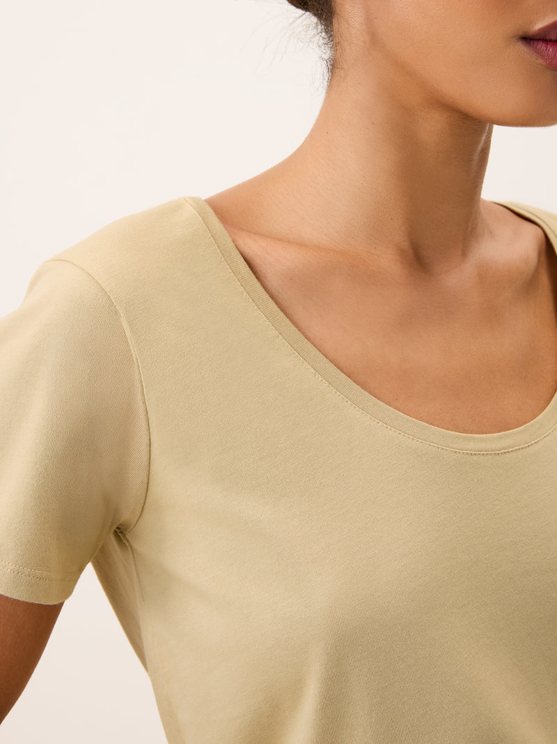 TOM beige T-shirt, back view showing embroidered double R by Rouje
