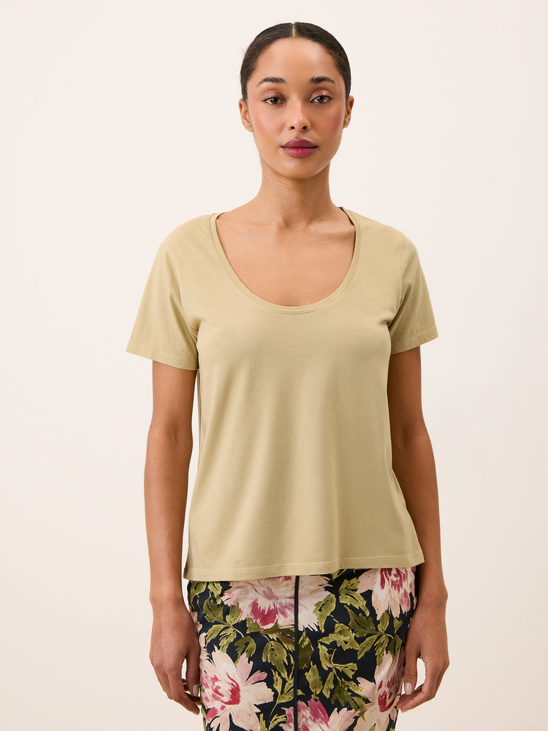 TOM beige T-shirt, detail of round neckline by Rouje