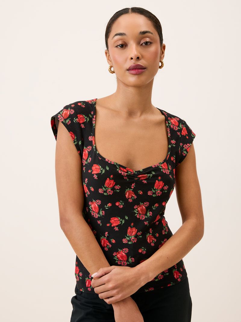YUNA black Balade bucolique floral sweetheart neckline top, front view by Rouje