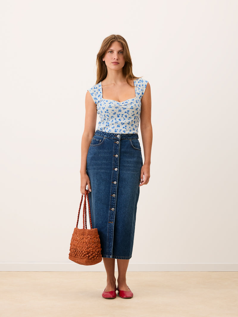 YUNA blue Cite Rose floral pointelle T-shirt, detail of sweetheart neckline by Rouje
