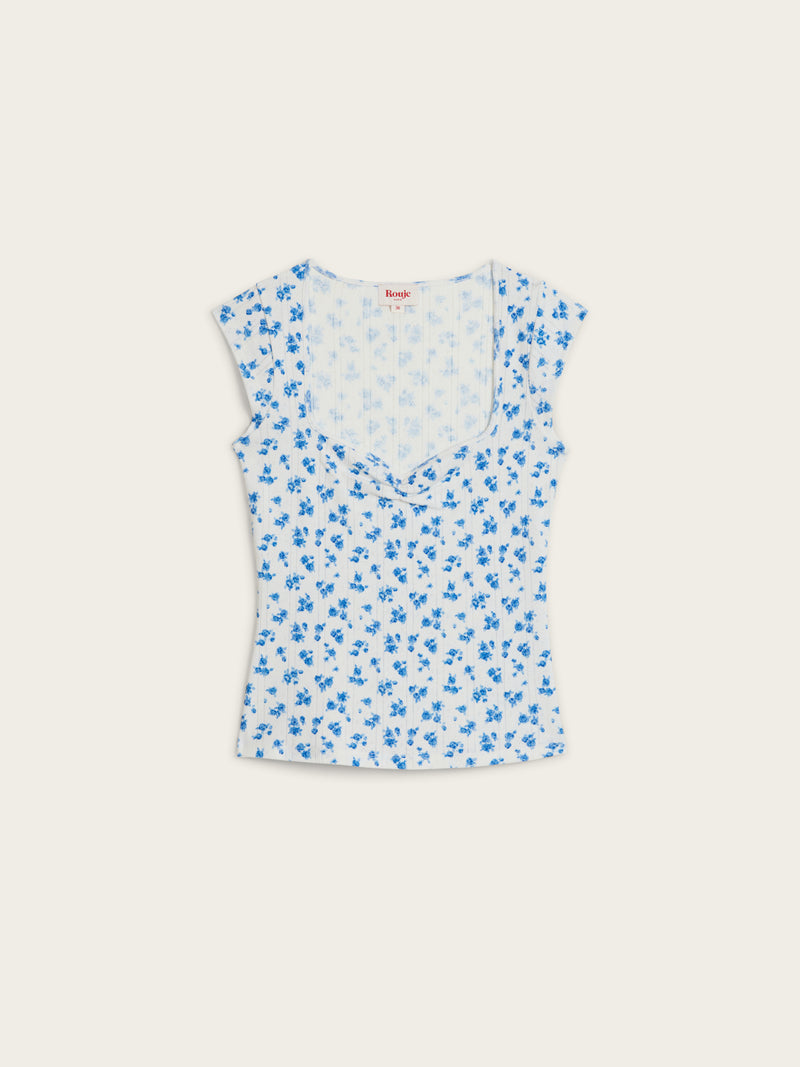 YUNA blue Cite Rose floral pointelle sweetheart neckline T-shirt, flat packshot by Rouje