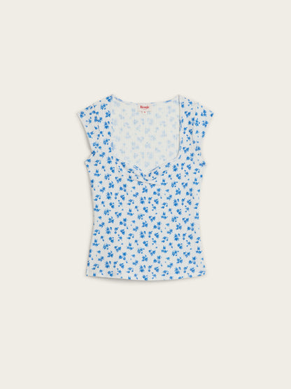 YUNA blue Cite Rose floral pointelle sweetheart neckline T-shirt, flat packshot by Rouje
