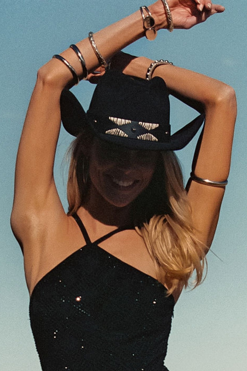 Alternate view of the black cowboy hat showing the design and craftsmanship.