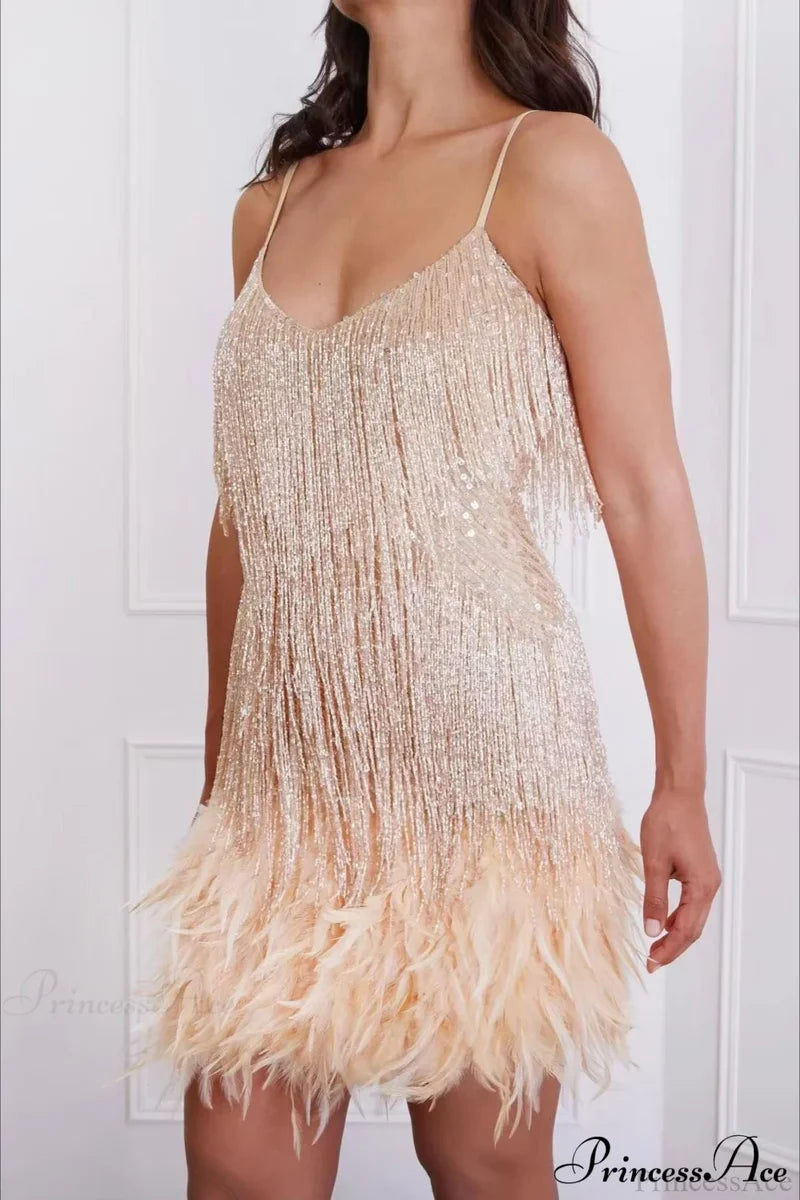 Tassel Sequin V-Neck Bodycon Party Dress Gold / S