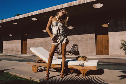 Taza Abstract Satin Halter Top styled in a complete look from an alternate angle.