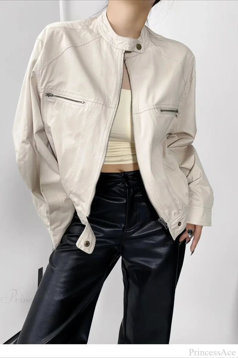 Techwear Utility Loose Casual Zip Jacket Beige / S