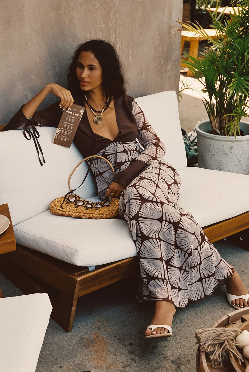 Thea Block Print Maxi Dress styled in a complete look from an alternate angle.