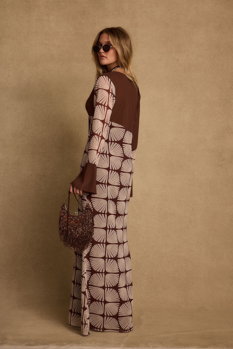 Detail shot of the Thea Block Print Maxi Dress highlighting the design elements.