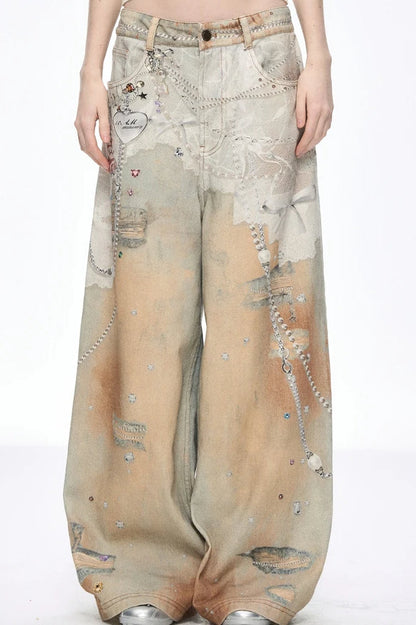 Tie Dye Baggy Wide Leg Denim Jeans Yellow / S