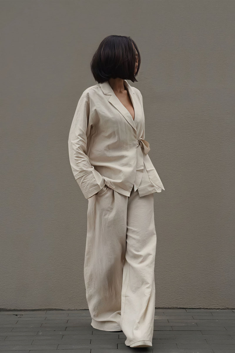 Tie Front Cardigan Loose Pants Two Piece Set