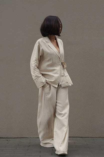 Tie Front Cardigan Loose Pants Two Piece Set