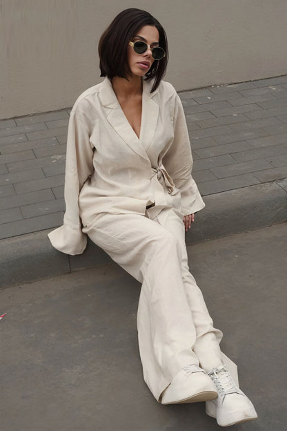 Tie Front Cardigan Loose Pants Two Piece Set