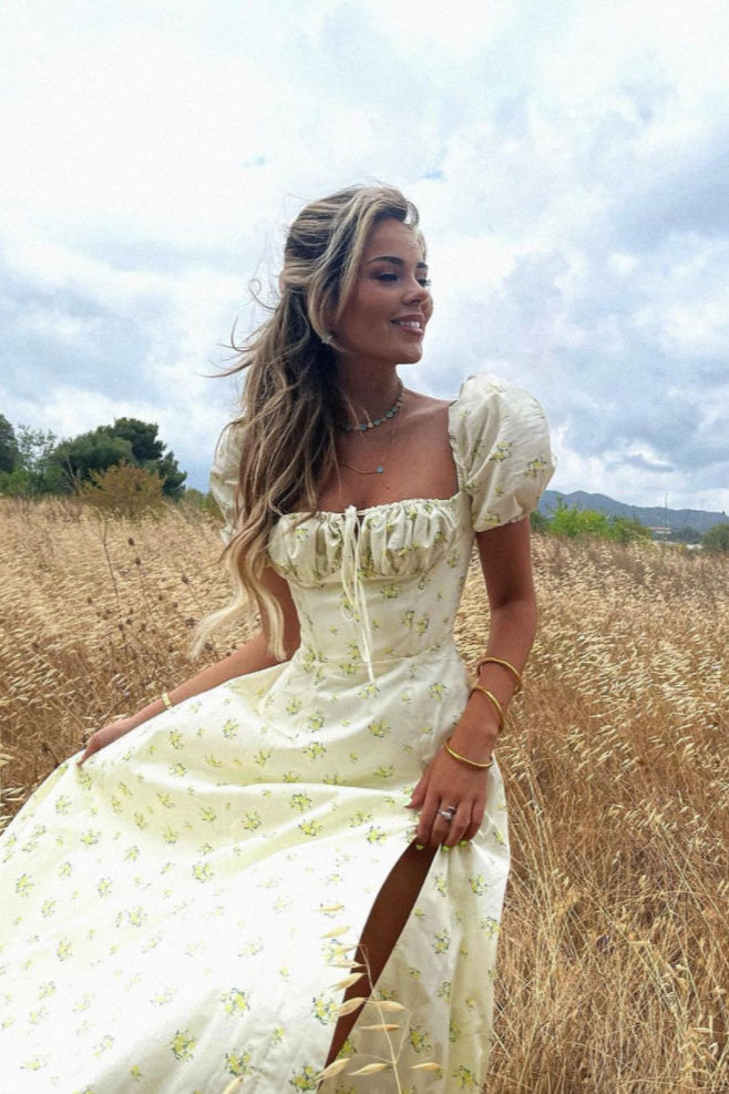 Tie Side Puff Sleeve Slit Floral Dress