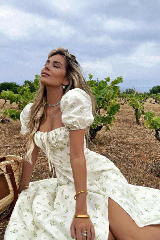 Tie Side Puff Sleeve Slit Floral Dress