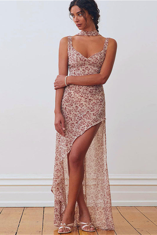 Tie Strap Backless Split Floral Dress