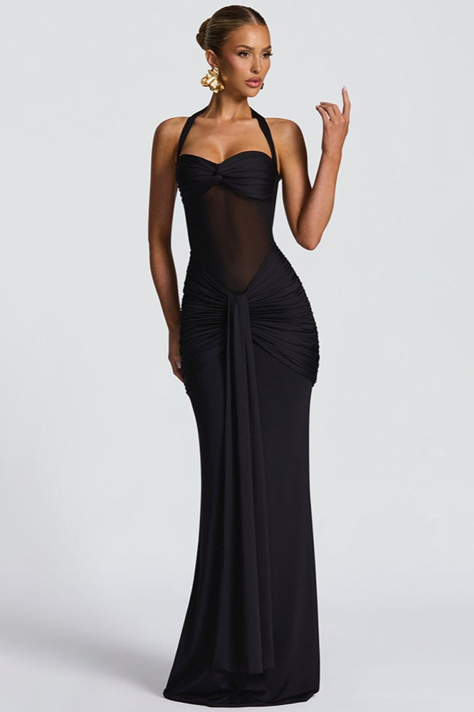 Tie Strap Mesh Maxi Party Dress XS / Black