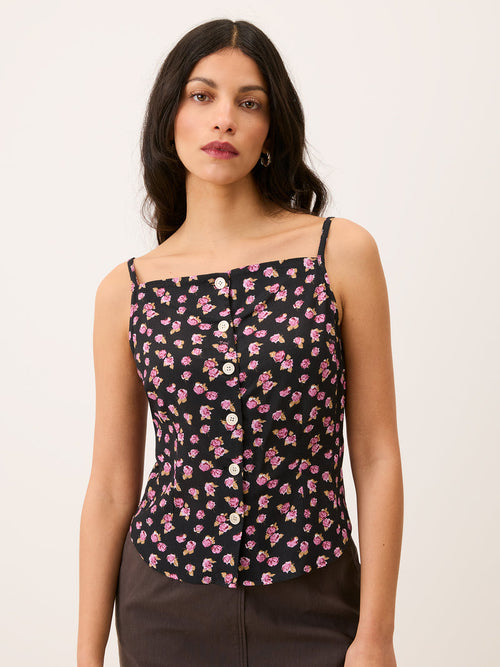 AIME black Parisian Beauty floral print strappy top, front view by Rouje