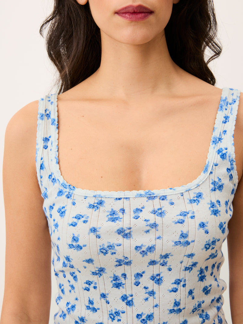 ANINA blue Cite Rose floral pointelle tank top, back view by Rouje