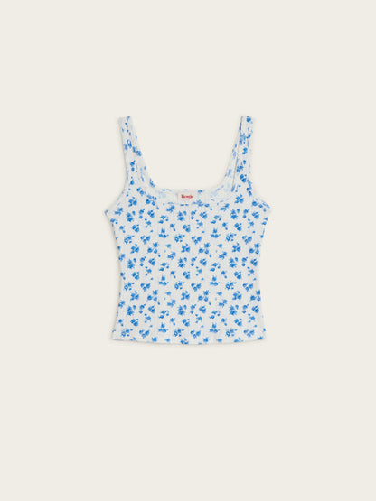 ANINA blue Cite Rose floral pointelle knit tank top, flat packshot by Rouje