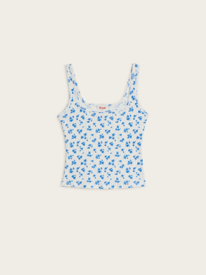 ANINA blue Cite Rose floral pointelle knit tank top, flat packshot by Rouje