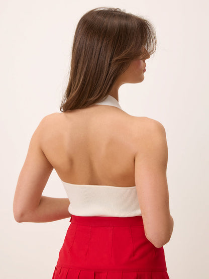 BABICHE white ribbed-knit halter top, side view by Rouje