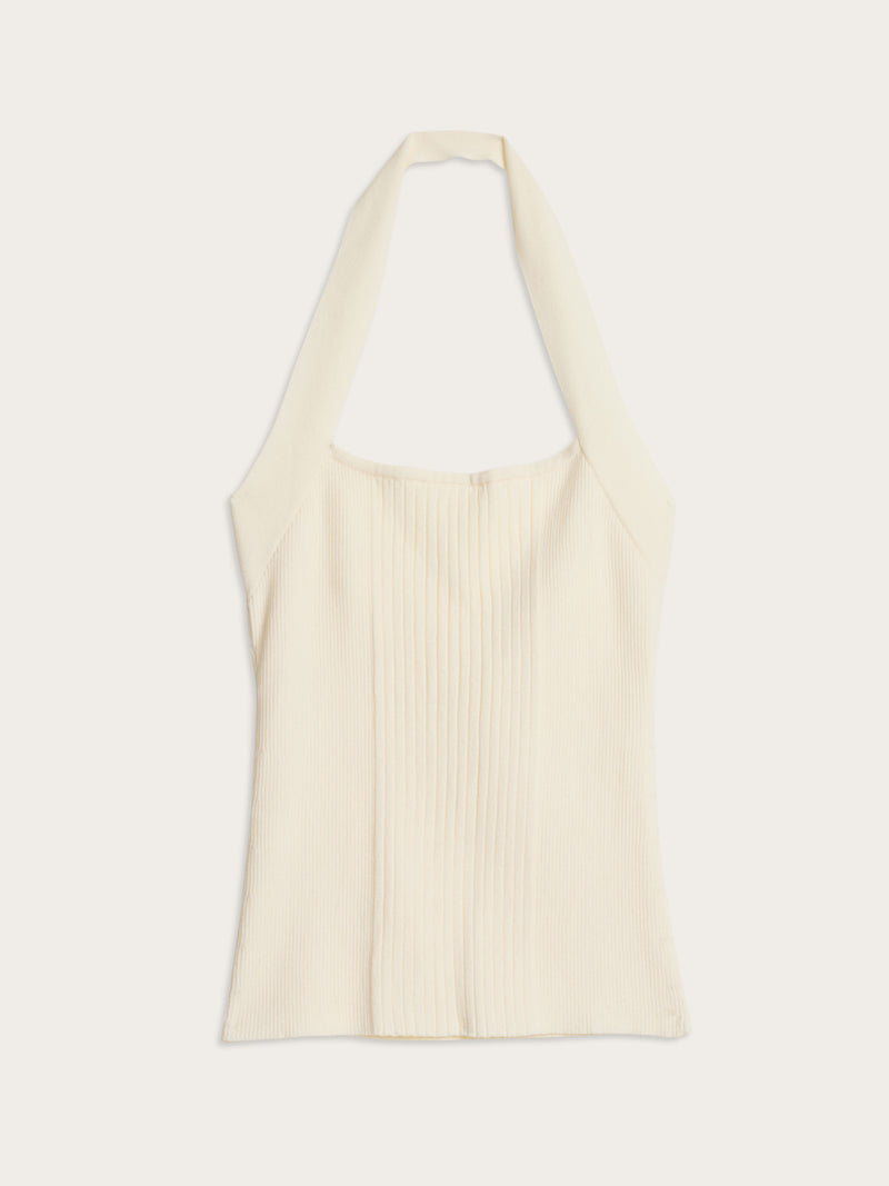BABICHE white stretch ribbed-knit halter top, flat packshot by Rouje