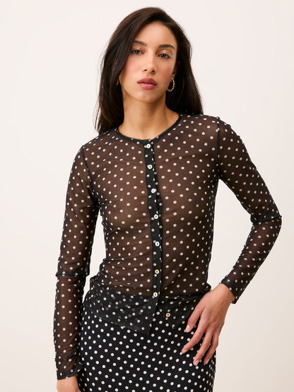 BARCLEY black Carmen polka-dot transparent mesh cardigan, front view by Rouje